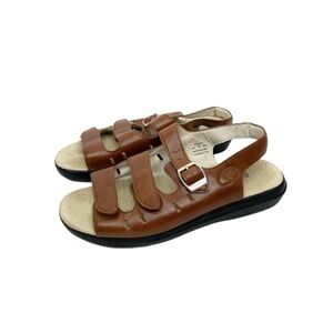 Propet Breeze Leather Brown Triple Strap Black Elevated Outsole Walking Sandals